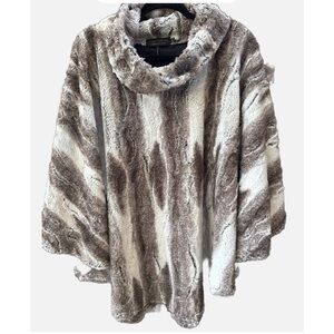 Vine Street Apparel Faux Fur Cowl Neck Poncho Sweater - Gray, Brown and Cream